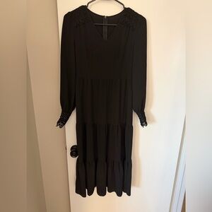 Black Long Sleeve Tiered Midi Dress